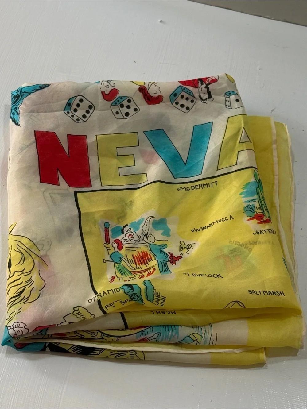 Vintage 1940’s Rare Nevada Scenic Silk Scarf 🧣 - Yellow Trim 30” Square